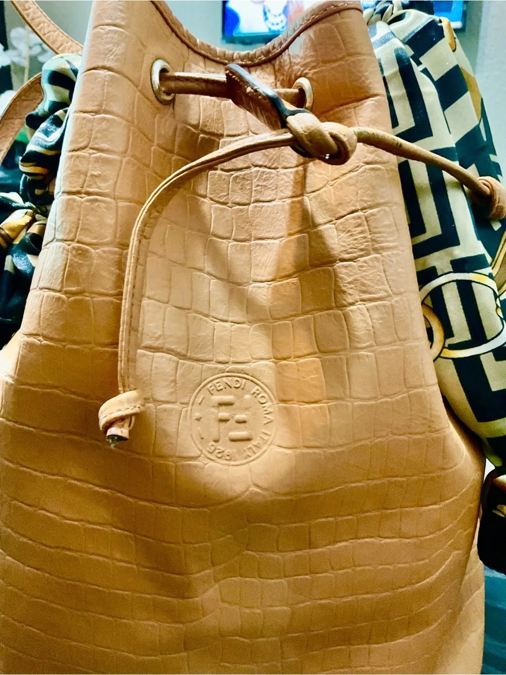 Fendi Tan Croc-Embossed Shoulder Bag